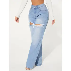 SHEIN SXY Single Button Cut Out Ripped Frayed Wide Leg Jeans