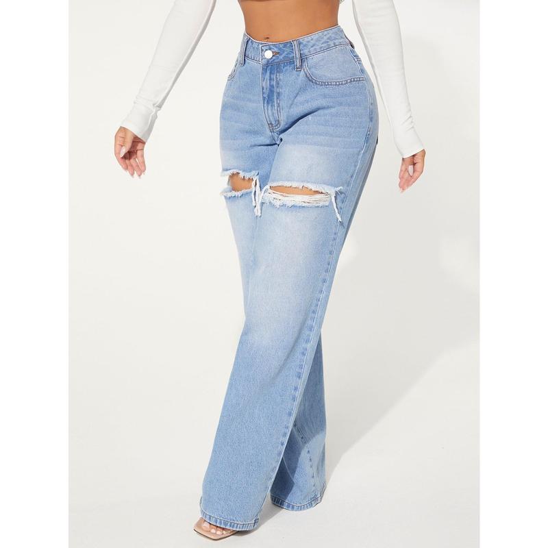 SHEIN SXY Single Button Cut Out Ripped Frayed Wide Leg Jeans