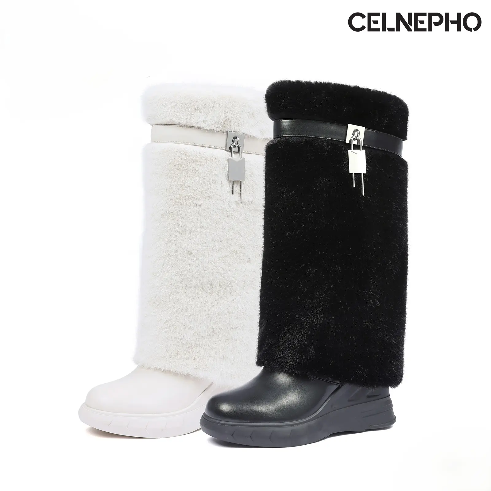 CELNEPHO Womens Faux Fur Knee High Boots Plush Fur Snow Boot Round Toe Platform Wedge Heel Trim Padlock Design Warm Cozy Comfy Easy Pull on Work Casual Gift Outdoor Party Dressy Fold Over Shark Yeti Shoes