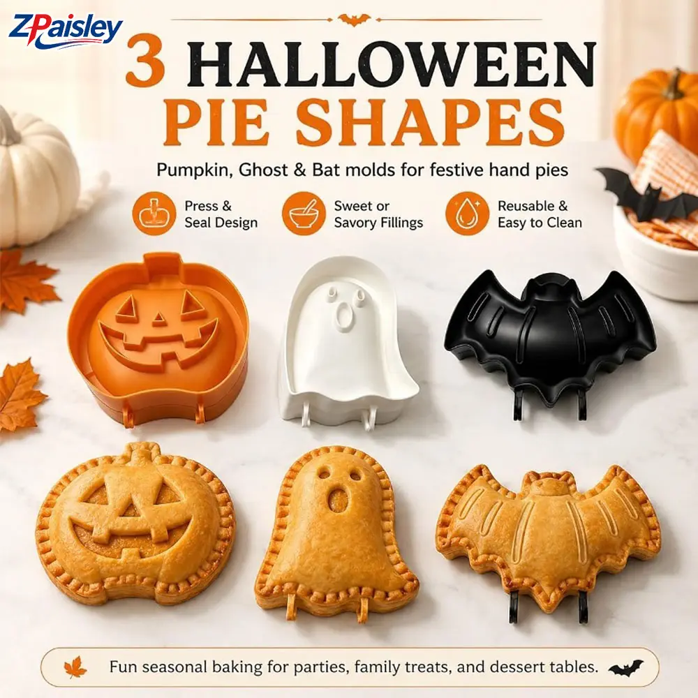 3-Pack Halloween Hand Pie Molds Set - ABS Plastic Bakery, Cookie, Pumpkin Molds, Press & Seal Mini Cutters (Pumpkin, Ghost, Bat Shapes), Reusable Easy-Clean Fall Baking Tools for Sweet/Savory Fillings, Halloween Party Family Baking