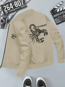Scorpion Totem Print Zipper Jacket, Casual Drop Shoulder Long Sleeve Coat, Men's Daily Wear Clothing, Graphic Letter Pattern