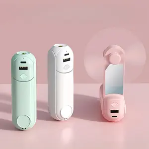 LMMAKE 5-IN-1 Portable Handheld Fan USB Rechargeable Foldable Cooling Fan with Power Bank Flashlight Makeup Mirror 3 Speed Levels Compact Cellphone Cooler for Travel Outdoor Office Home Use