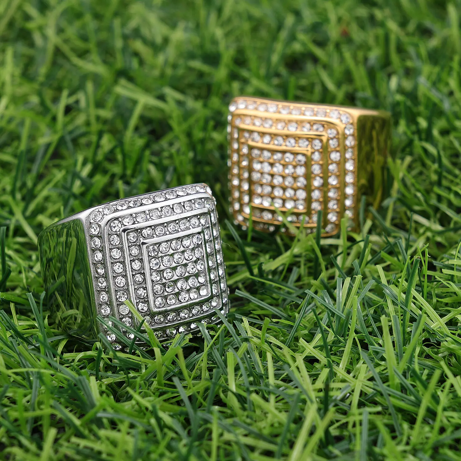 MaxBling81 Men's High Quality Polished Stainless Steel Iced Cubic Zirconia Square Pinky Ring - 14k Gold/Silver Finished, Sparkle Statement Piece, Hip Hop Fashion Gift (Sizes 8-12)