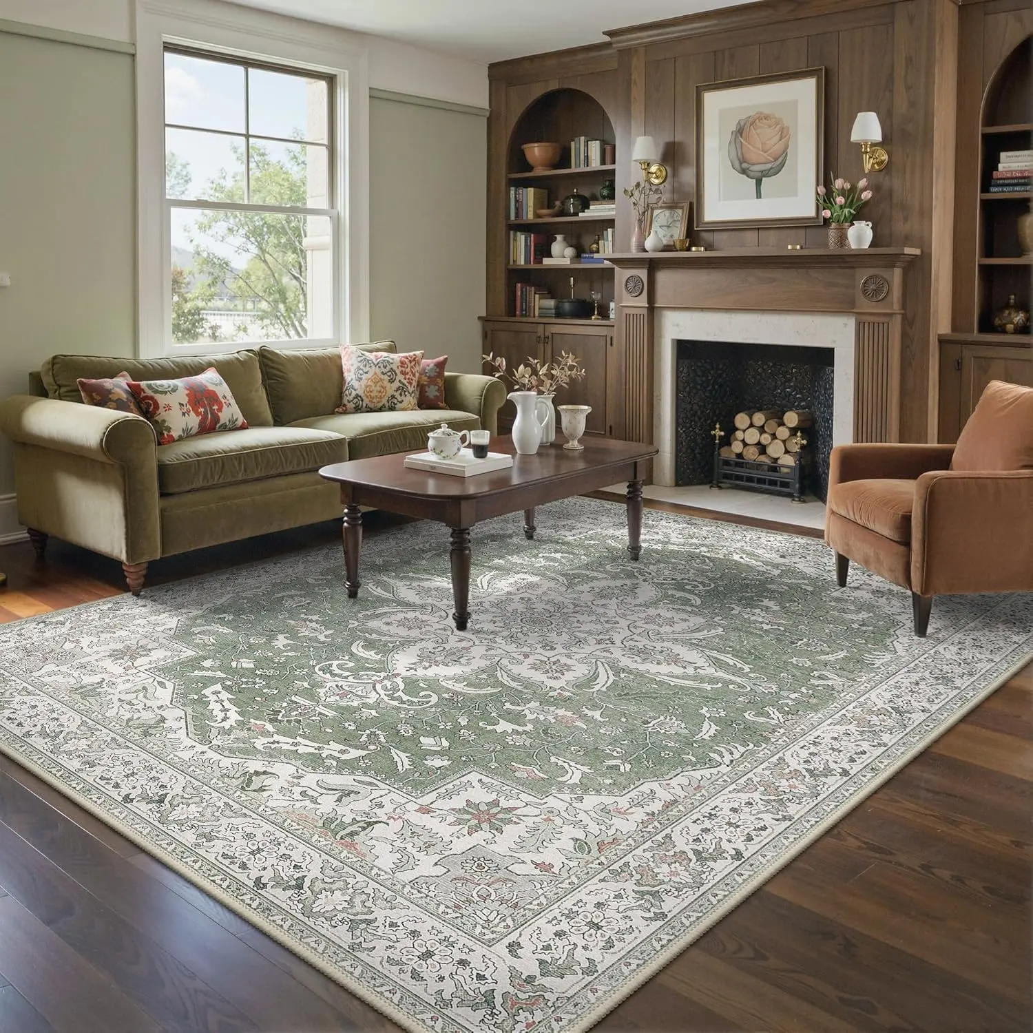 【Deals For You Days】GENIMO Washable Vintage Area Rugs for Living Room, Non-Slip Low Pile Chenille Print Rug, Soft Rugs for Bedroom Dining Room Home Office, Sage & Linen