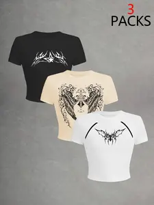 Women's 3-Pack Gothic Grunge Cropped Baby Tees, Edgy Tribal Prints, Spider, Slim Fit, Soft Stretchy Fabric, Y2K Alt Aesthetic, All Seasons, Womenswear