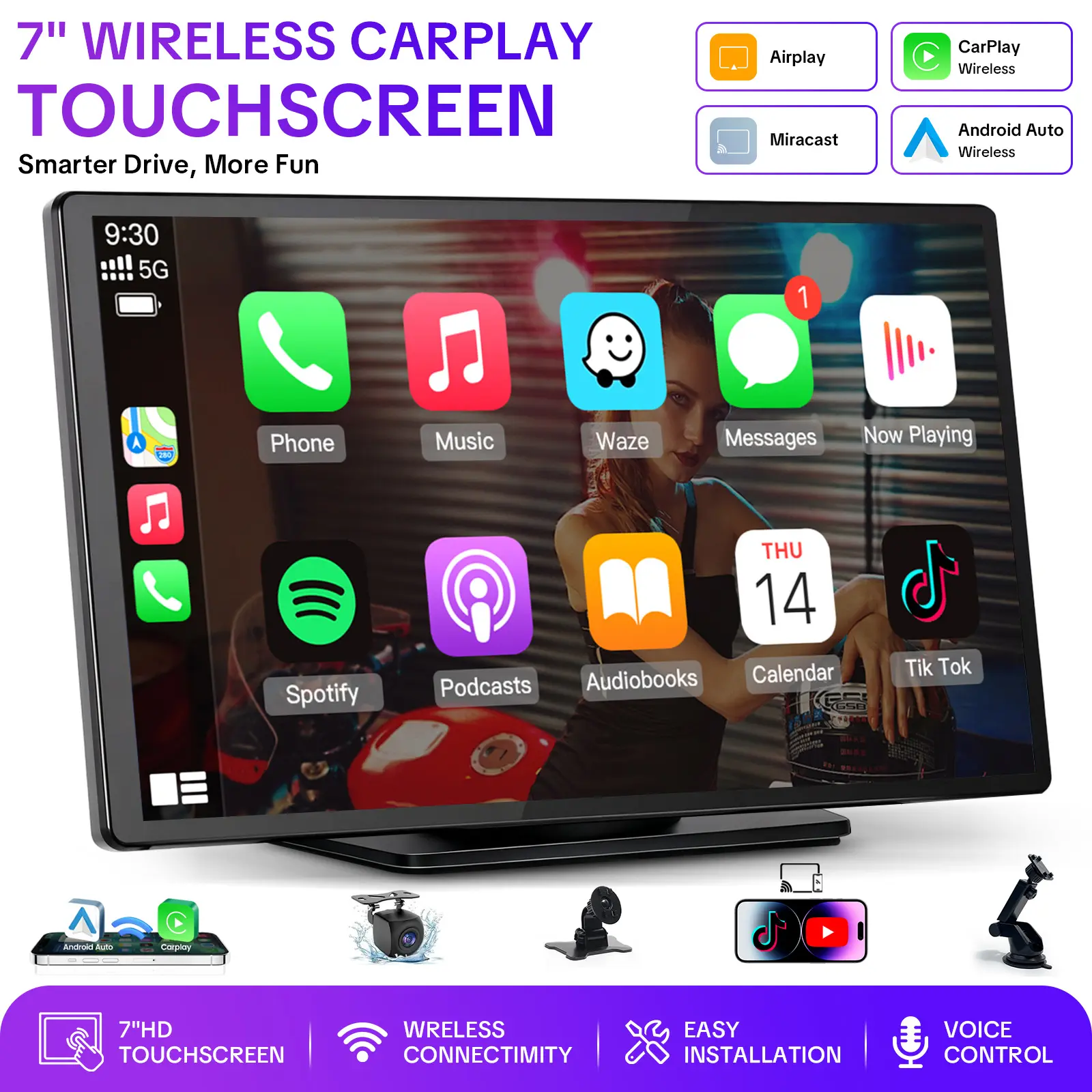 Paslda-2026 7-Inch IPS Touchscreen Portable Carplay Screen, Wireless Carplay & Android Auto, Suction Mount, Landscape/Portrait Modes, Mirror Link, Easy Install, Rear View Camera Compatible with Most Cars, Car Accessories, Accessories For Car