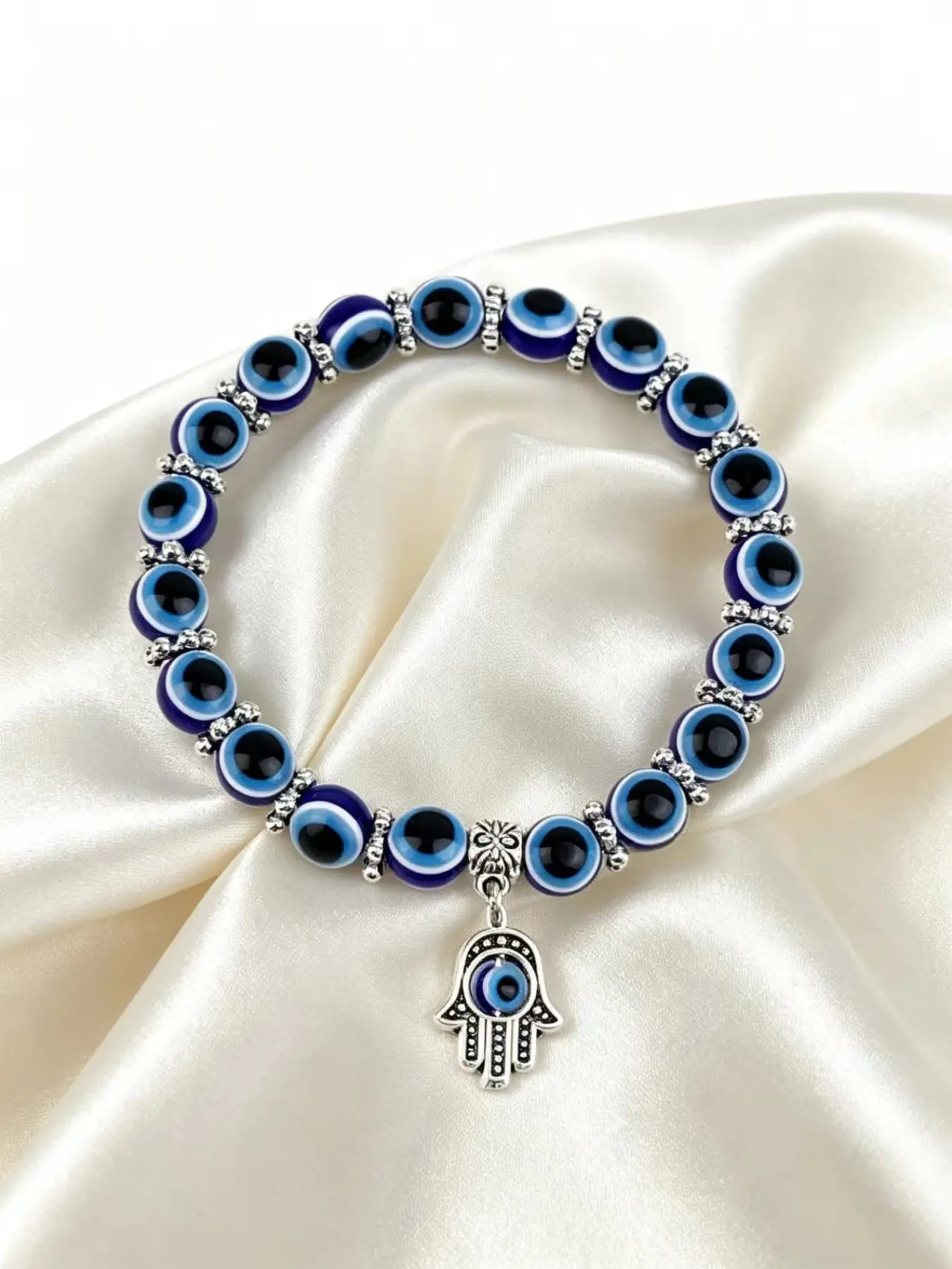 Fatum Hand Demon Eye Bracelet, Turkish Blue Eye Amulet Beaded Elastic Wristband, Perfect Gift for Family Friends, Father's Day Birthday, Elastic Bracelets