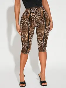 1 Spring Summer Leopard Print Capri Leggings Women | High Waist Butt Lifting Bodycon Knee Length Pants | Y2K Baddie Style for Night Out Club Date Night Wear
