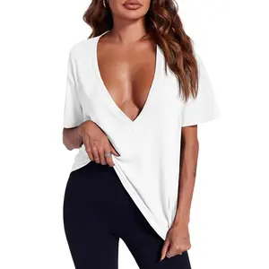 Womens Sexy Deep V Neck T Shirt Short Sleeve Tops Basic Tees Casual Loose Shirts