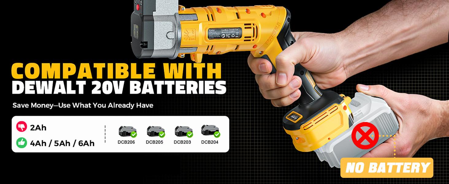 Cordless Grease Gun Compatible with DeWalt 20V Battery(NO BATTERY!!), 12000PSI, Dual Pistol & in-Line Grip, Works with Bulk & Cartridge Grease, with 39" Hose & 4 Couplers Cordless Grease Gun Compatible with DeWalt 20V Battery(NO BATTERY!!), 12000PSI, Dual Pistol & in-Line Grip, Works with Bulk & Cartridge Grease, with 39" Hose & 4 Couplers