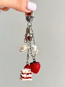 Cute Strawberry Cream Cake Keychain, Creative Sweet Design, Women's Bow Phone Strap, Bag Charm, Gift Idea, Fashion Accessory