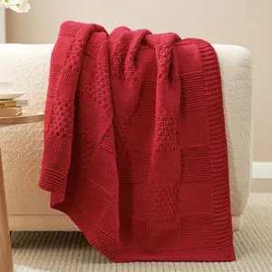 Amelie Home Chenille Knit Throw Blanket – Soft Checkered Texture for Sofa, Bed, and Living Room(50"x60", Checkered-Christmas Red)
