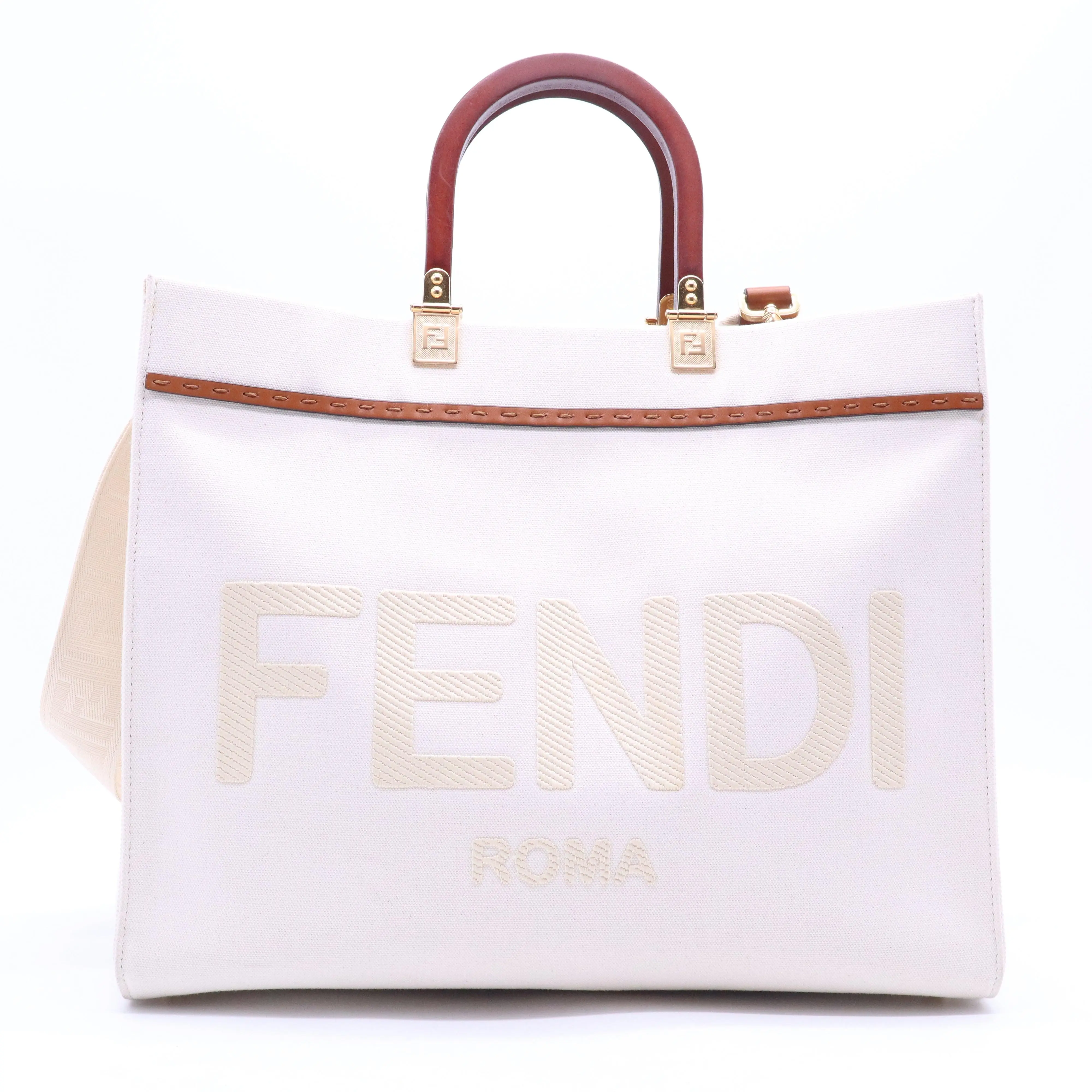 Pre-owned FENDI Leather Tote Bags Vitello King Plexiglass Medium Sunshine Shopper Tote White Ice B21489