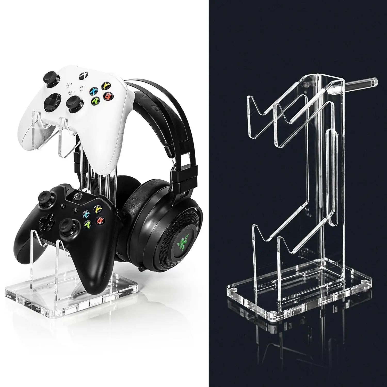 Headset and Controller Stand, Space-Saving 2 Tier  Controller Holder,  Controller and Headset Stand for Desktop, Universal Design Compatible with PS5/PS4// ( Clear)