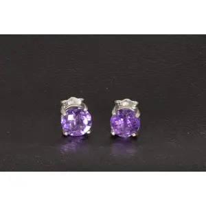 Amethyst Round Earrings set in Sterling Silver with a Checkerboard Facet Cut