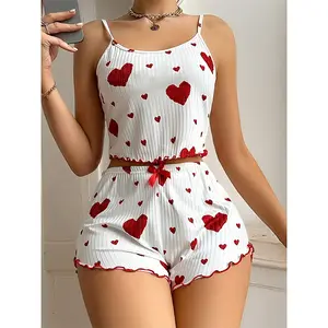 Women's Fashion Heart Print Ribbed Camisole Pajama Set, Comfortable Stretch, Machine Washable