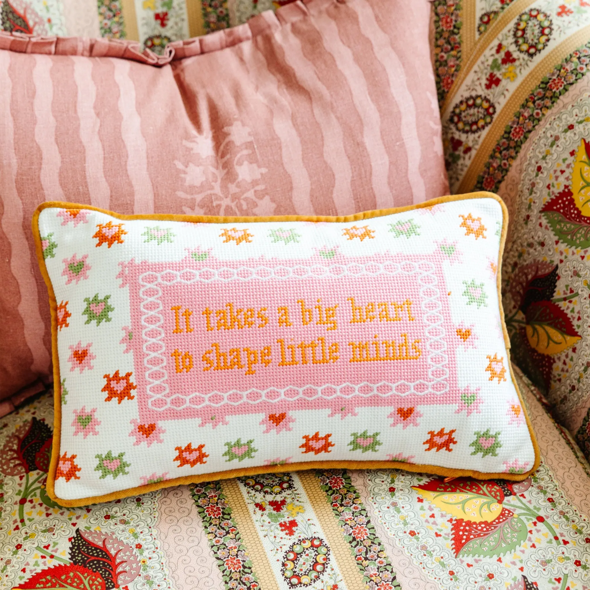 Big Heart Velvet Needlepoint Pillow - Decorative Pillow with Bold Stitching, Uniquely-Phrased Sayings, Insert and Fluff for Beds