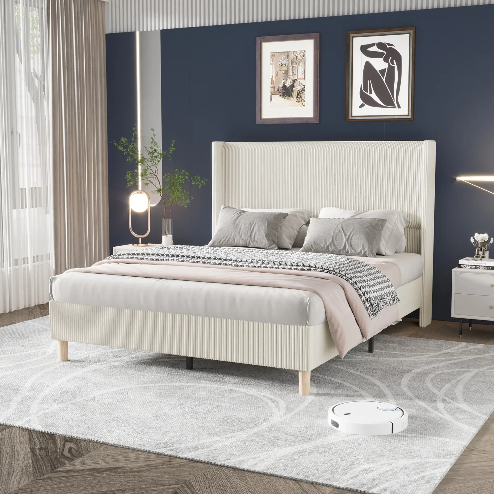 【GARVEE】Corduroy Upholstered Bed Frame with Tall Wingback Headboard – Strong Plain Wood Slats – No Box Spring Needed – Noise-Free, Easy Assembly – Creamy Beige – Available in King, Queen, Full