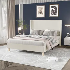Corduroy Upholstered Bed Frame with Tall Wingback Headboard – Strong Plain Wood Slats – No Box Spring Needed – Noise-Free, Easy Assembly – Creamy Beige – Available in King, Queen, Full
