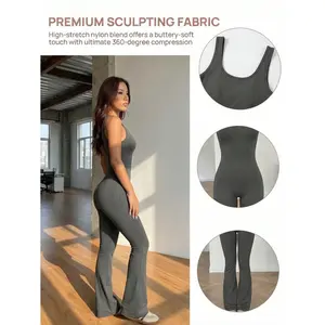 Women's Sleeveless Scoop Neck Jumpsuit, Dark Gray Backless Long Unitard with Flare Leg in Medium Stretch Knit