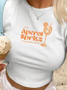 Women's Aperol Spritz Graphic Print Round Neck Crop Tee, Casual Slim-fitting Short Sleeve T-shirt, Ladies Summer Clothes for Daily Wear