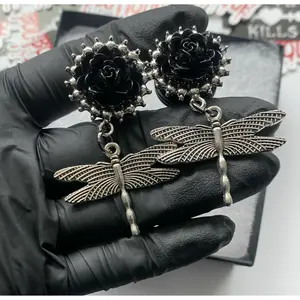 Midnight Dragonfly Dangle Plugs Gauges Jewlery for stretched lobes