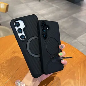 Fin Fibre Carbon Pattern Magnetic Ring Stand Phone Case For Samsung Galaxy S25 S24 Plus Ultra 5G For Magsafe Wireless Charging Cover