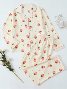 Women's Strawberry Print Long Sleeve Pajama Set, Cute Button Front Top and Pants, Casual Home Wear for Spring & Fall