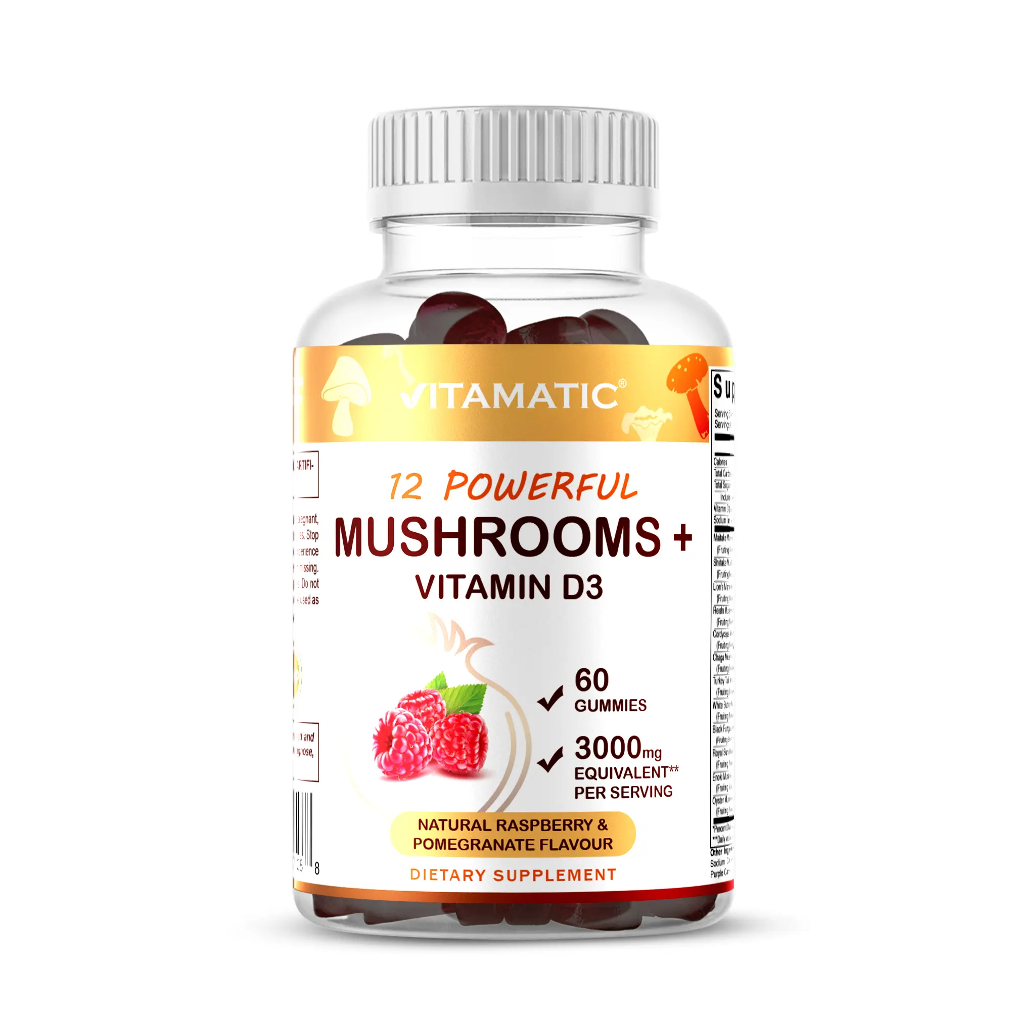 Vitamatic Adaptogenic Mushrooms & Vitamin D3 Chewable Dietary Gummies - 12 Powerful Varieties, 3000mg, Raspberry Pomegranate Flavor, 60 Gluten-Free Pectin-Based Healthcare Supplements for Immune Support, Bone Health
