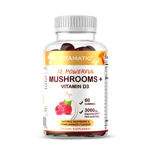 Vitamatic 12 Powerful Adaptogenic Mushrooms & Vitamin D3 Gummies, 3000mg Natural Raspberry Pomegranate Flavor, 60 Gluten-Free Pectin-Based Gummies for Immune Support