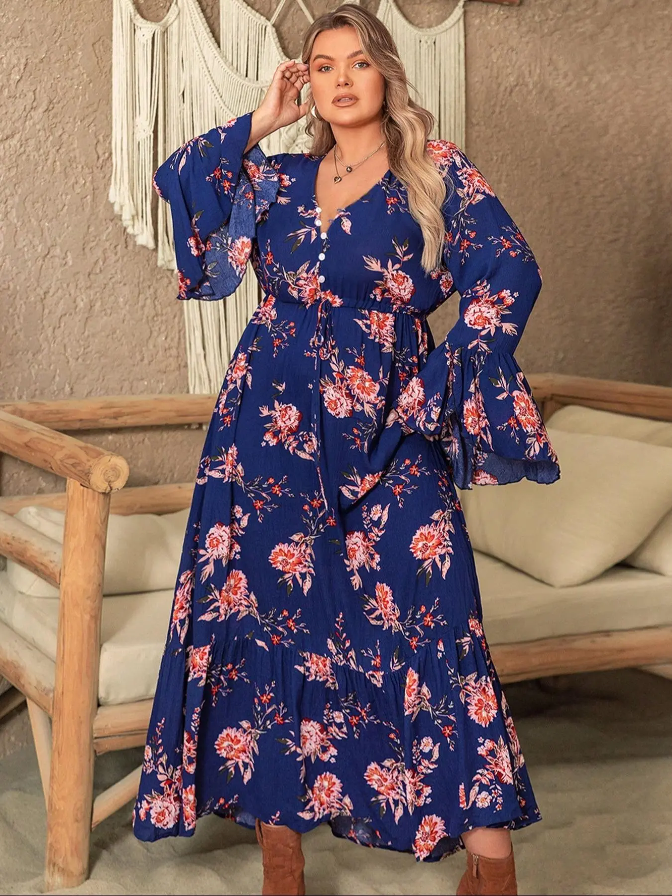 【Plus Size】Bohemian Aesthetic Style Floral Print V Neck Ruffle Long Sleeve Dress, Lady Womenswear Boho Fashion Casual Dress for Daily Holiday Vacation Wear, Women Plus Clothing for Summer