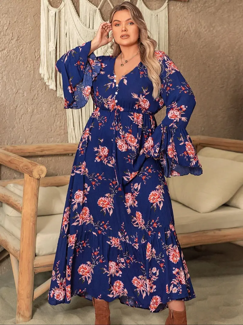 Ruffle long sleeve dress brown plus - TikTok Shop