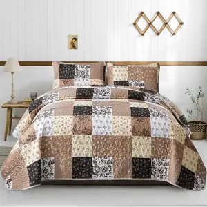 Brown Patchwork Set California King Size,3 Pieces Khaki Floral Reversible Bedspread Coverlet Set for All Season,Summer Soft Microfiber Bedding Set 96"x 106"
