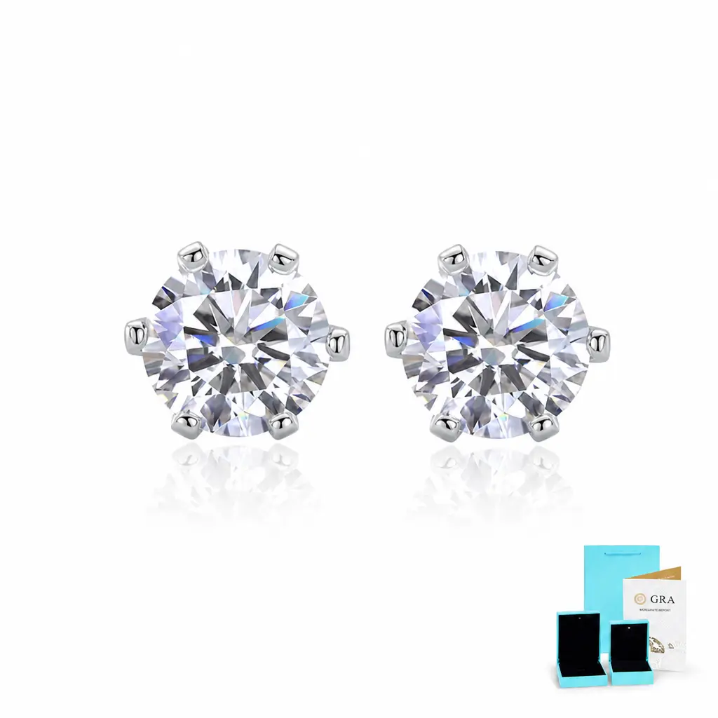 925 Sterling Silver 18K White Gold-Plated 6.5mm Round Moissanite Stud Earrings, 1 Pair 6-Prong Solitaire Earrings with Gift Box & Moissanite Report