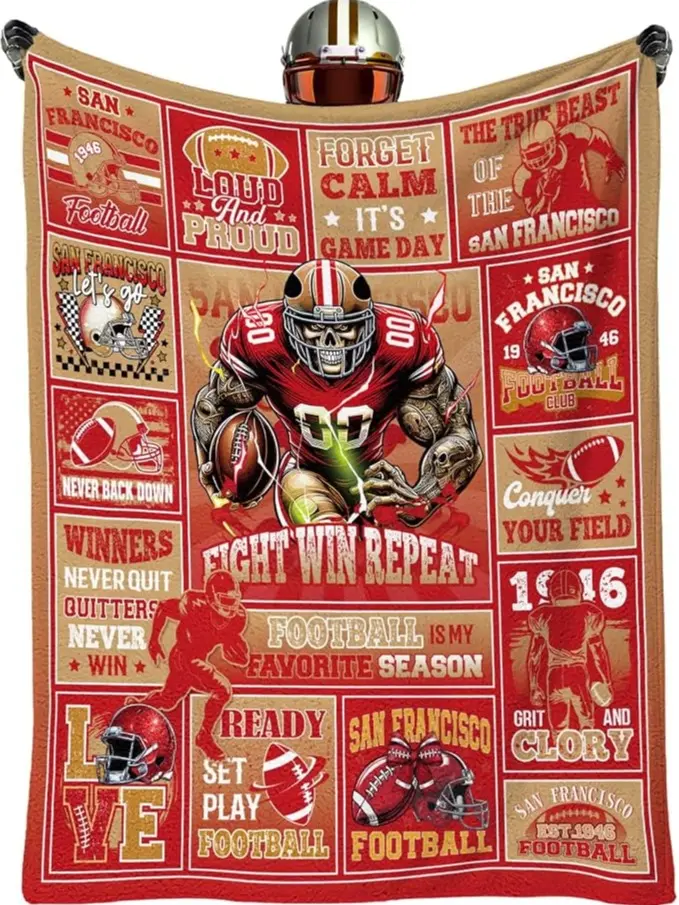 San Francisco Football Flannel Blanket, Red Gold Football Fan Throw Blanket, Bay Area Sports Blanket, Soft Cozy Throw for Sofa Couch Bed, Game Day Home Decor, Vintage Football Lover Gift, Warm Flannel Blanket for Men Women, Football Fan Gift