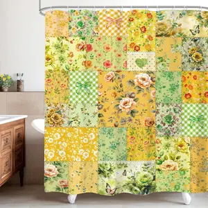 Boho Shower Curtain Vintage Retro Floral Farmhouse Patchwork Mid Century Cute Flowers Leaves Botanical Cloth Fabric Waterproof Polyester Bathroom Home Decor with Hooks