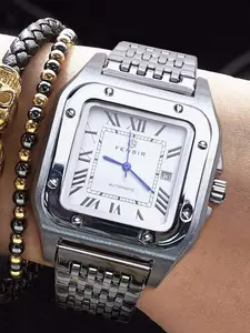 Men's Luxury Fashion Watch, Santos Tank Series Square Analog Quartz, Waterproof Calendar Steel Band, Casual Business Style, All Seasons Wear, Square Dial Wristwatch, High End Watch