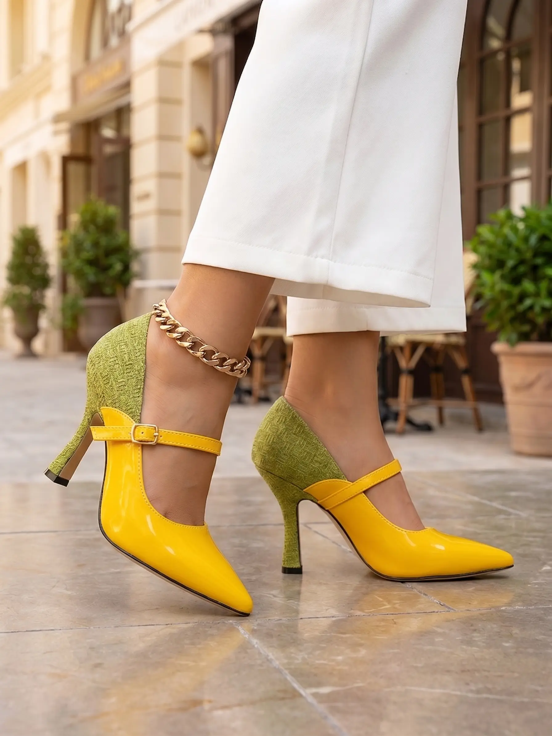 Color Block Yellow Green Mary Jane High Heels, Pointed Toe Adjustable Buckle Strap Elegant Pumps, Fashion Women Heels for Work Wedding Daily Party