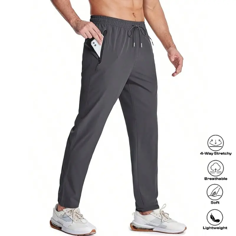 Men’s casual versatile solid-color long pants made from comfortable, breathable, lightweight fabric with stretch; simple and stylish, featuring zippered pockets and a drawstring design—suitable for everyday outings and outdoor activities.