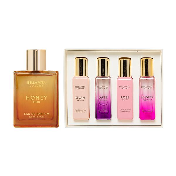 Midnight Mischief by BellaVita Luxury | Women’s Luxury Mini Perfume Set & Honey Oud EDP | Luxury Perfume for Women | Long Lasting, Floral, Spicy & Vanilla,Bergamot | Luxury, Vegan & Cruelty Free Eau De Parfum | Travel-Friendly | 100+ 4x20 ML(6.08 fl. oz)