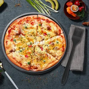 4-Piece Pizza Tray, Black Pizza Tray Round, Diameter 22 cm, Non-Stick Pizza Plate, Large Pizza Plate for Pizzas, Pies and Cakes (with Silicone Grease Brush)