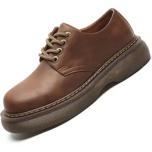 Men's Vintage Platform Genuine Leather Fashion Dress Sneakers Business Round Toe Oxfords Shoes Casual Chunky Derby Shoes