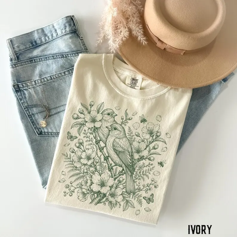 Comfort Colors Love Birds TShirt, Vintage Botanical Bird Floral Tee, Romantic Songbird T-Shirt, Cottagecore Bird Tee Cherry Blossom Birds Tee