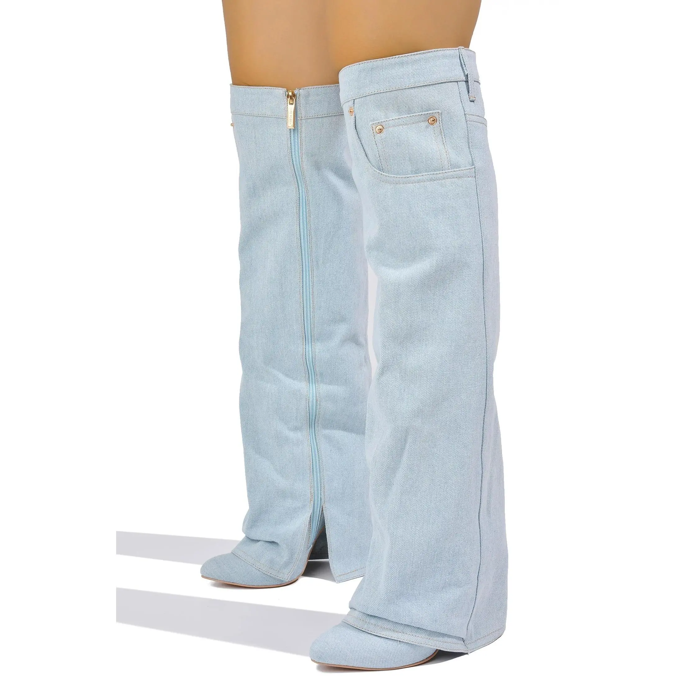 SKYE Denim Knee High Block Heel Boot - Light Blue, Comfortable Footwear for Women, Ideal for Active Use