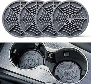 4PCS Spider Web Car Coasters for Cup Holders, Halloween Funny Non-Slip Silicone Insert Ornaments Coasters, ( Gray)