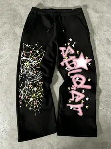 Men's Fitted Sweatpants, Casual Street Style, Creative Letter Print, Star Spider Pattern, Comfortable and Trendy, Casual Comfy Warm, Casual Fashion Bottoms, Spring & Fall