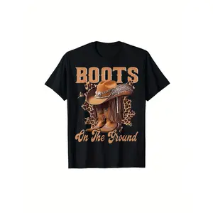 Western Cowboy Style Leopard Print T-Shirt for Women, Retro Fringe Boots & Hat Design, Loose Casual Top