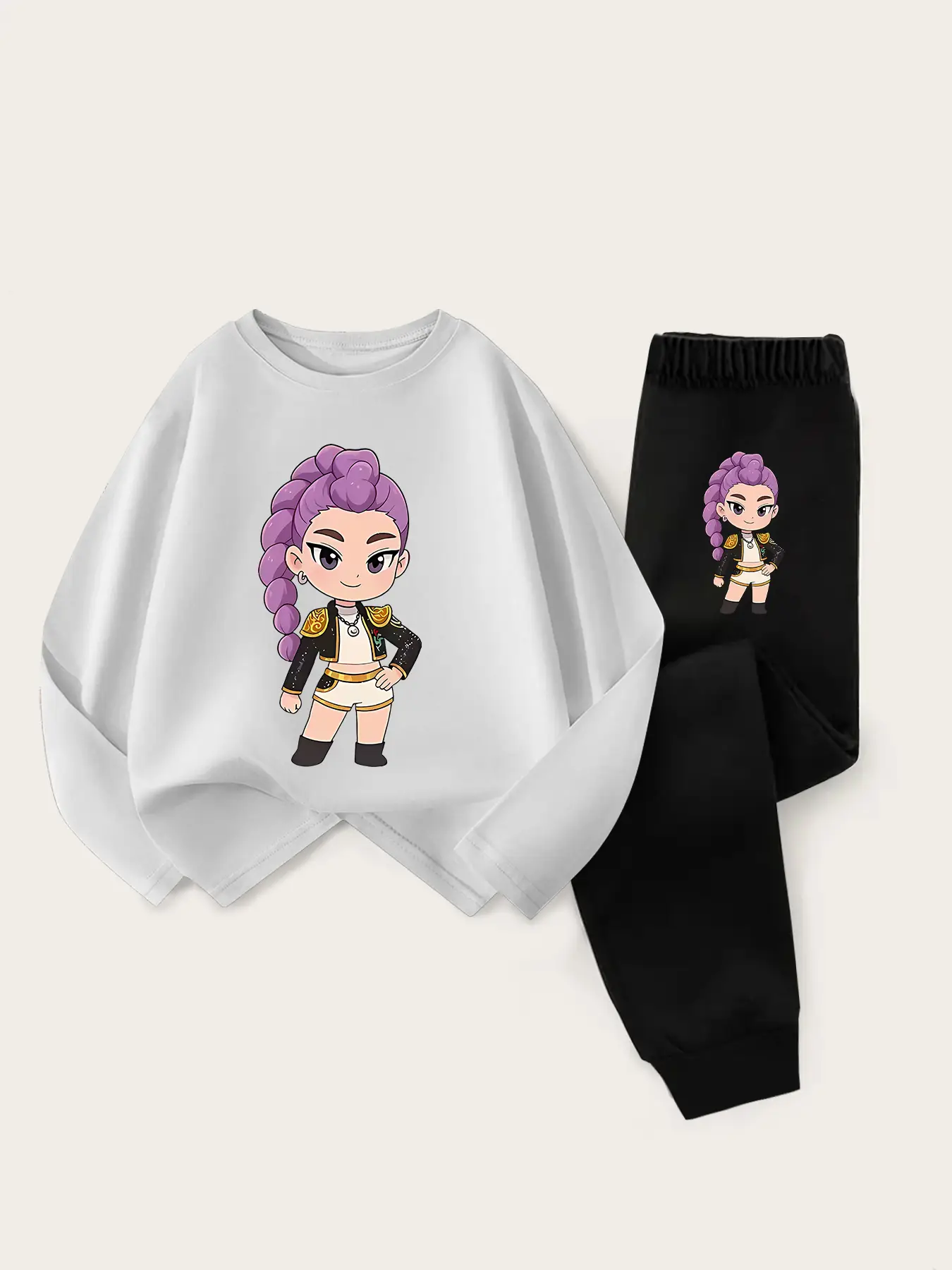 Girls' Kpop Hunter Series Long Sleeve T-Shirt & Casual Sweatpants Set, Spring & Fall Fashion, Fitted Style, Fruit Print Design
