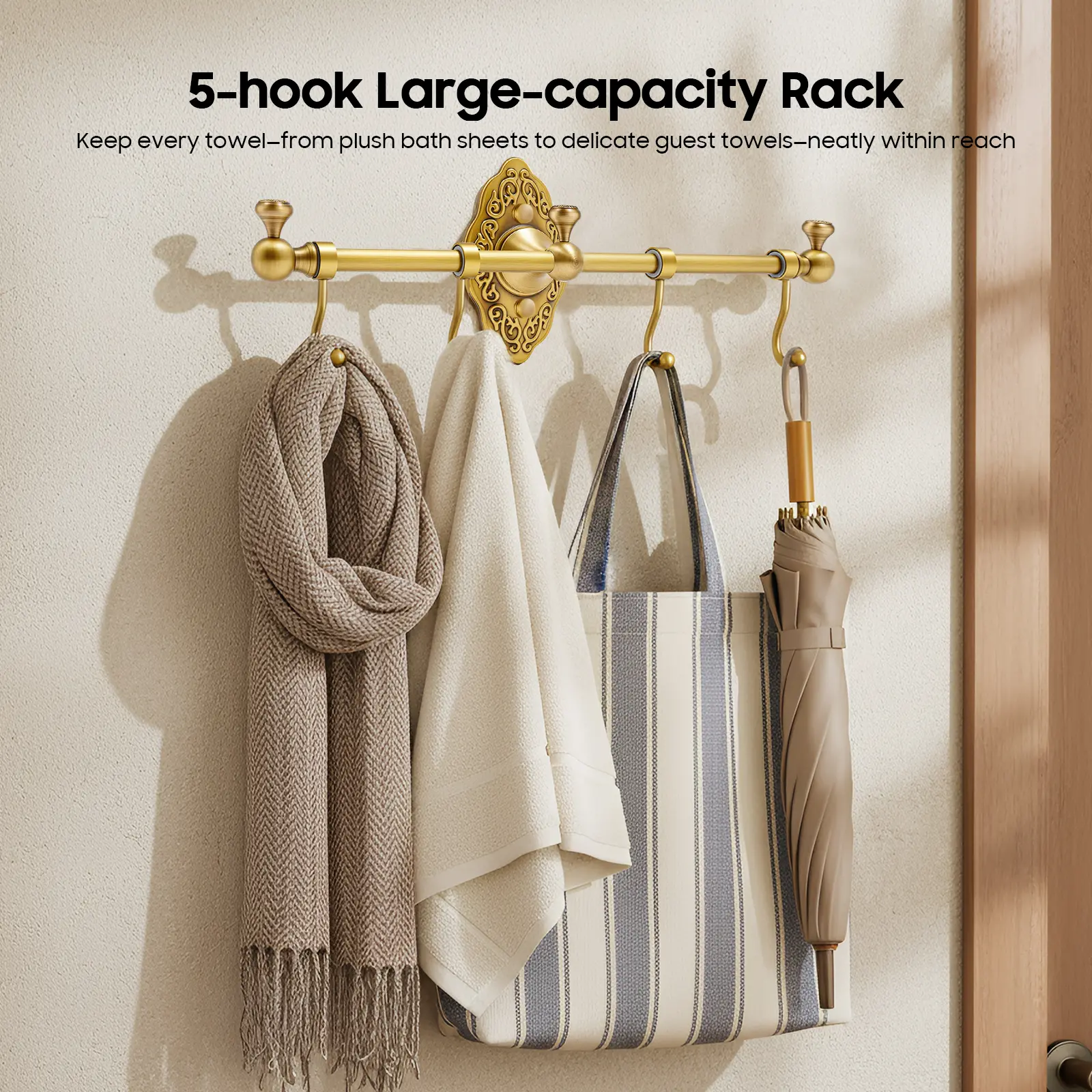 Antique Gold Towel Rack, Solid Brass Vintage Wall Mounted Organizer, 4 Hooks Rustproof Heavy Duty 16.5 lbs