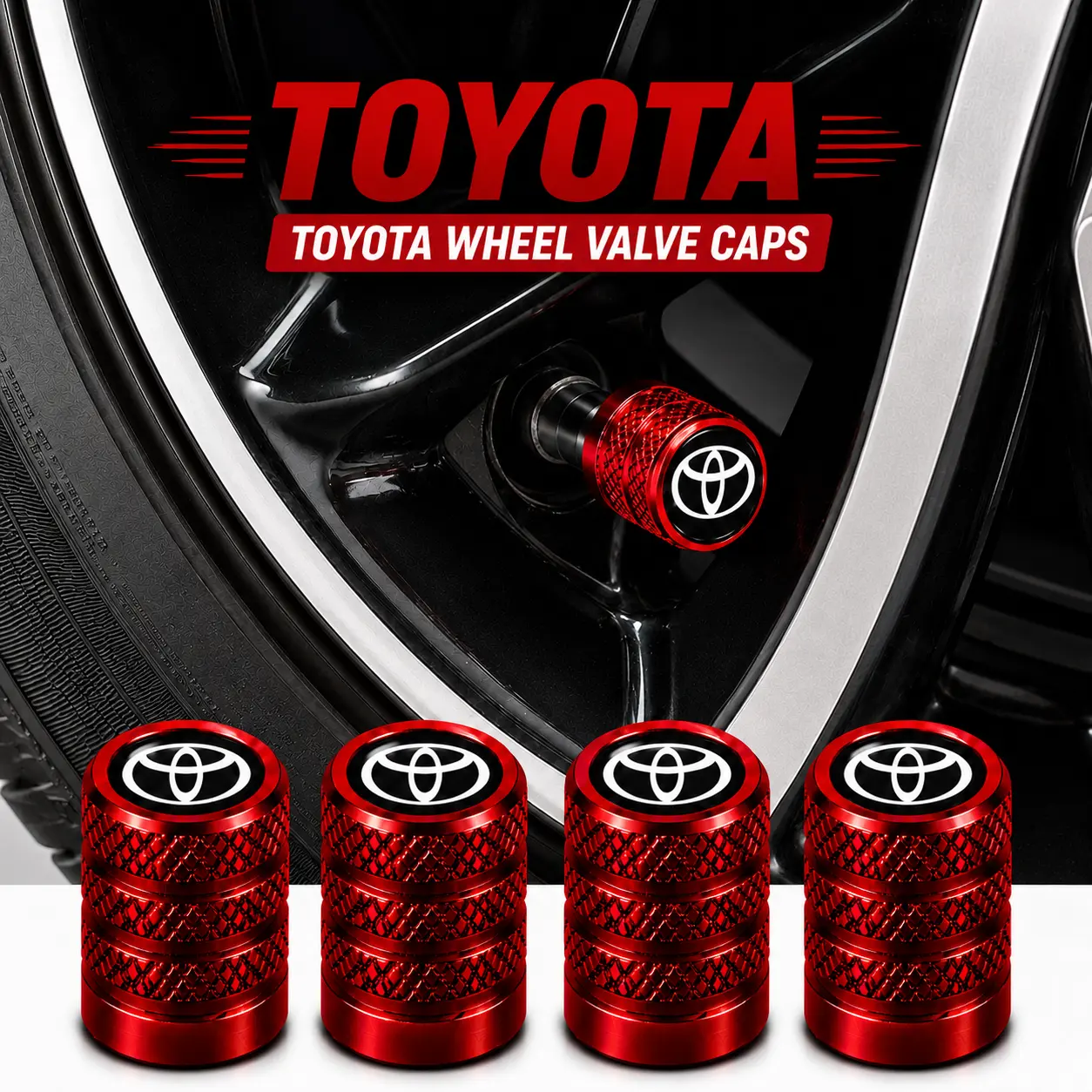 5Pcs Precision Polished Aluminum Tire Valve Stem Caps Fit for Toyota RAV4 Camry Corolla Tacoma Highlander Tundra Sienna Prius 4Runner, Tight Rubber Seal Anti-Corrosion Dustproof Wheel Air Valve Cover Replacement Car Accessories